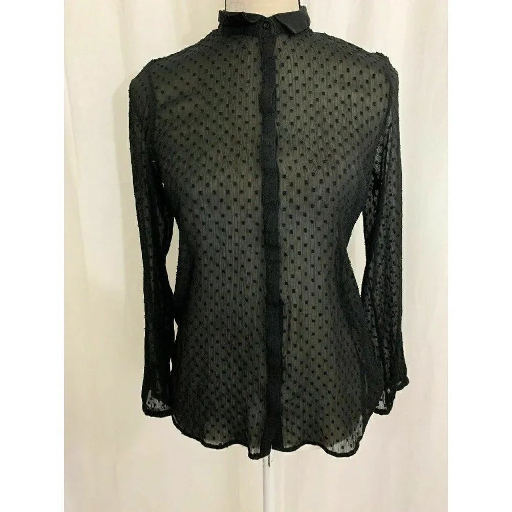 Zara Womens Solid Black Sheer Long Sleeve Top Blouse Medium